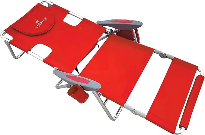 Ostrich Deltess 3N1 Portable Tanning Chair, Reclining Outdoor Lounger, and Cooler Bag, Lightweight and Adjustable, Red