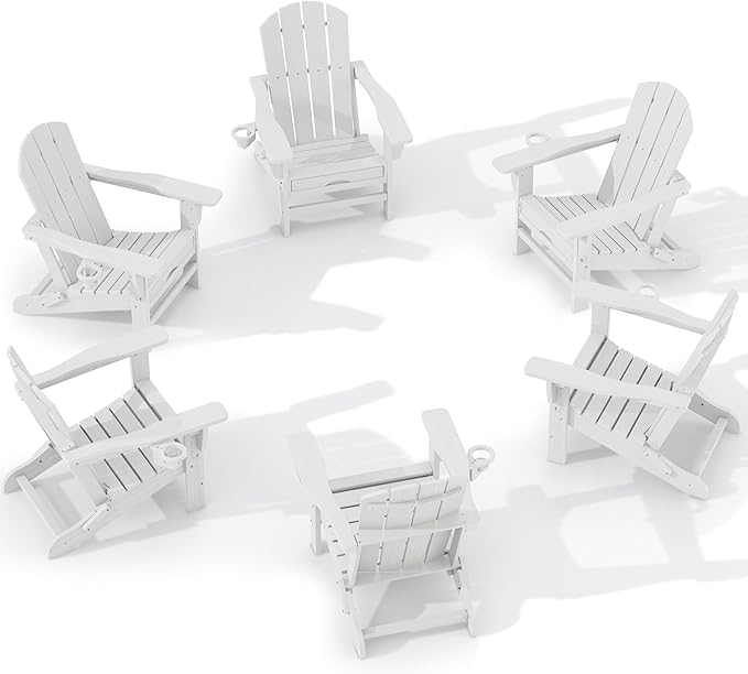 KINGYES Folding Adjustable Adirondack Chair with Retractable Ottoman Set of 6, HDPE All Weather Chair with Cup Holder - Recliner Adirondack Chair, White