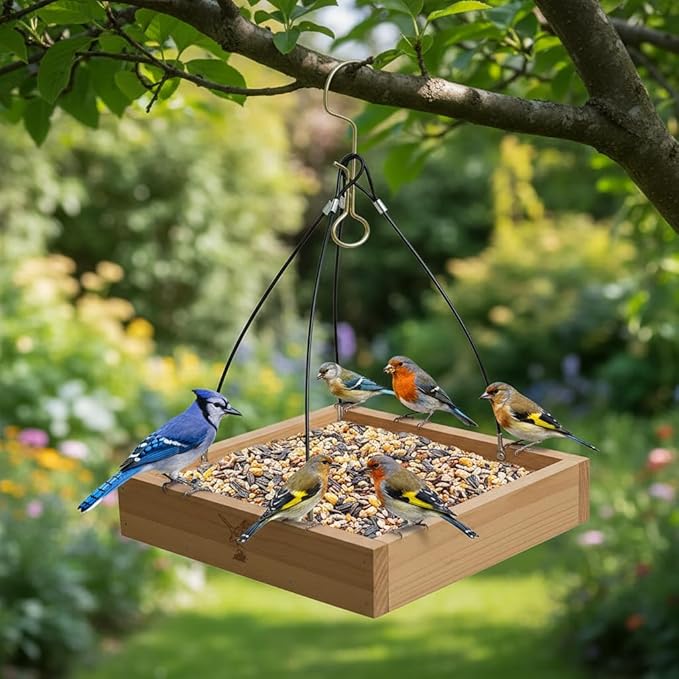 Cedar Wood Platform Tray Bird Feeder 12” - Hanging Bird Feeder for Outside Outdoor - Stainless Steel Cable Mesh Base - Weather Proof Birdfeeder for 10 Years - Longtime Outdoor Lasting Heavy Duty