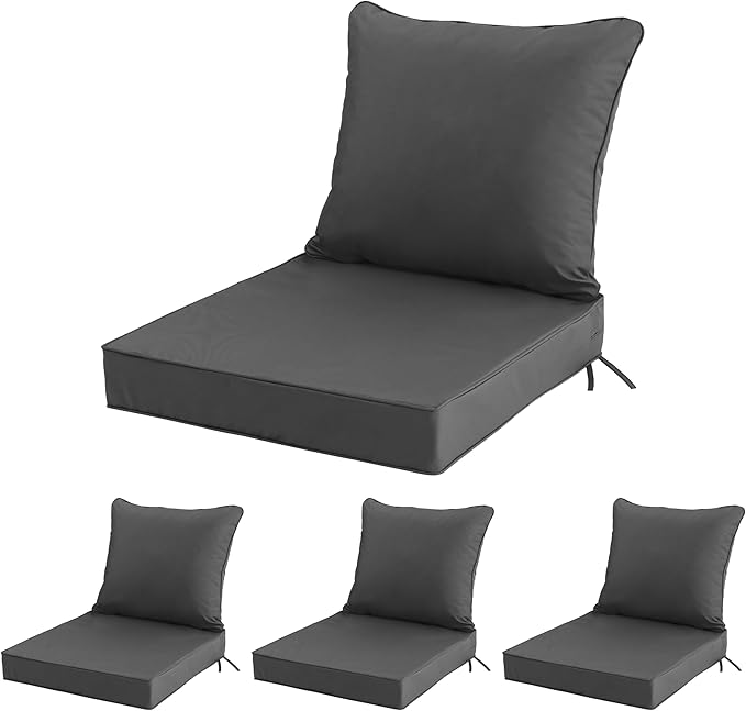 22x22 Inch Patio Chair Cushions Set of 4, Outdoor Furniture Cushions - Removable Cover, Water-Repellent, Fade-Resistant, Non-Slip Bottom & Straps, Replacement for Lawn, Porch & Deck Chair - Dark Grey
