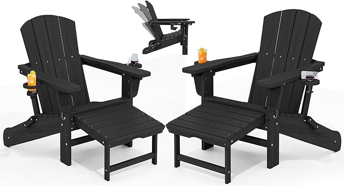 KINGYES Folding Adjustable Adirondack Chair with Retractable Ottoman Set of 2, HDPE Oversized Outdoor Chair with Cup Holder, Wood-Like Recliner Versatile Adirondack Chair, Black