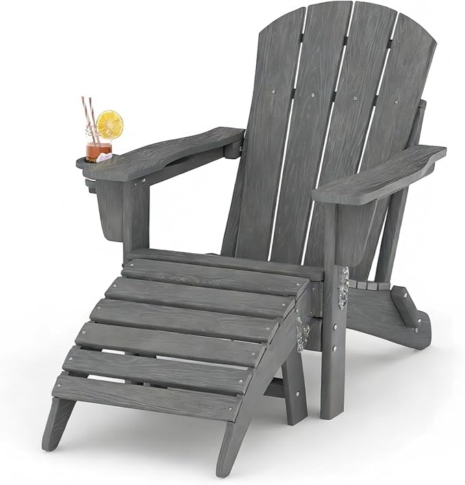 Folding Adirondack Chair Set of 2 with Ottoman, All-Weather HDPE Outdoor Chair, Wooden Textured with Cup Holder for patios, Decks, Gardens, fire pits, Grey