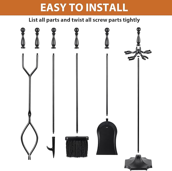 JupiterForce 5 Pieces Fireplace Tools Set Indoor Outdoor 31" Wrought Iron Large Fire Place Set Tools, Fire Pit Tools with Poker Shovel Tongs Brush and Stand, Black