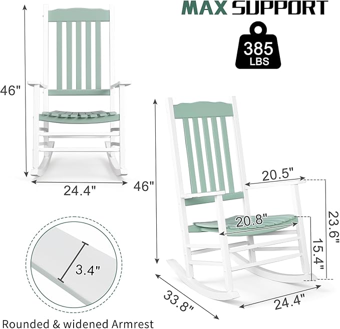 Outvita Outdoor Rocking Chair, Solid Wood High Back Rocker, All Weather Lounge Chair for Porch Patio Fire Pit Garden Backyard Deck Indoor, Wave Shape, White & Green
