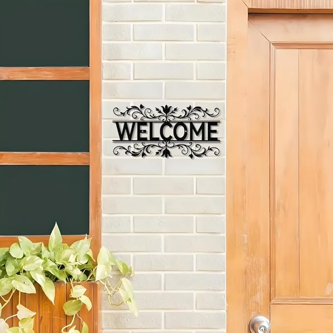 Metal Welcome Signs for Front Door- Elegant Black Metal Letter Wall Decor, Welcome Door Sign Wall Hanging Decors for Front Porch/Living Room/Kitchen/Office, Waterproof Outdoor Garden Fence Art Sign