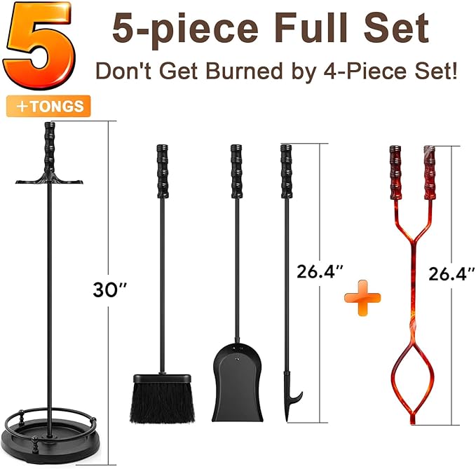 AMAGABELI Garden & Home 5 Pieces Fireplace Tools Sets Wrought Iron Indoor Fireplace Set with Poker Tongs Broom Shovel Stand Fire Tools Outdoor Fire Place Fire Pit Hearth Accessories Sets Black
