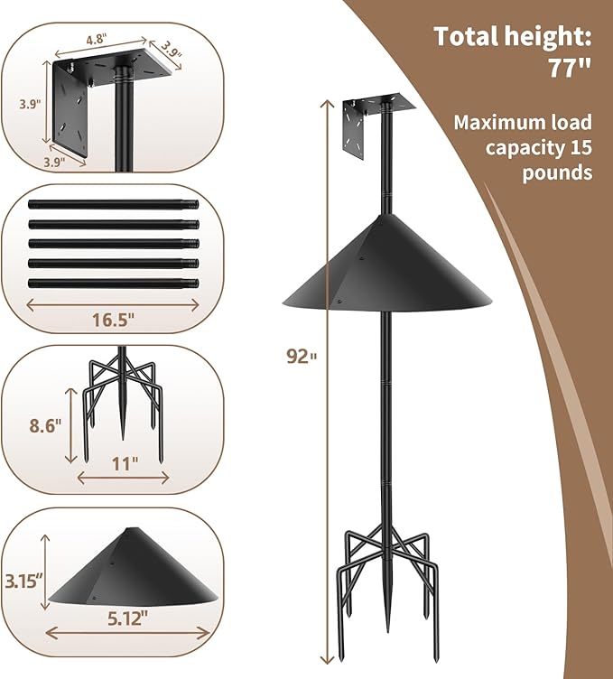 92 Inch Heavy Duty Smart Bird Feeders with Squirrel Baffle & 5-Prong Base – Rustproof Birdhouse Stand for Bluebird Houses, Birdhouse Pole& Weather Stations – Sturdy Design for Enhanced Bird Watching
