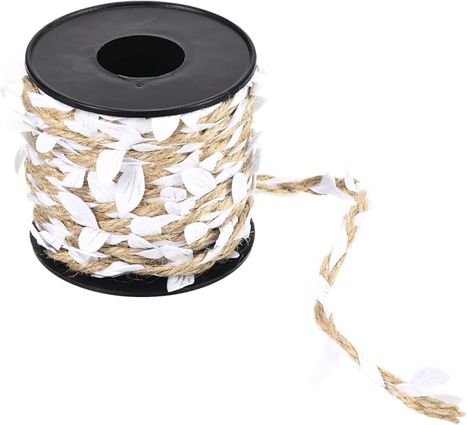 PATIKIL 33ft 5mm Burlap Leaf Ribbon, Braided Decoration Vine Natural Jute Rope Twine with Artificial Leaves for Jungle Wedding Party Home Garden Decor, White