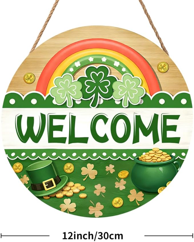 Welcome Front Door Sign Round 12 X 12 Inches St Patricks Day Door Hanger Summer Spring Welcome Wall Pediment Holiday Saint Patricks Day Wooden Plaque for Yard Porch Seasonal Home Decoration
