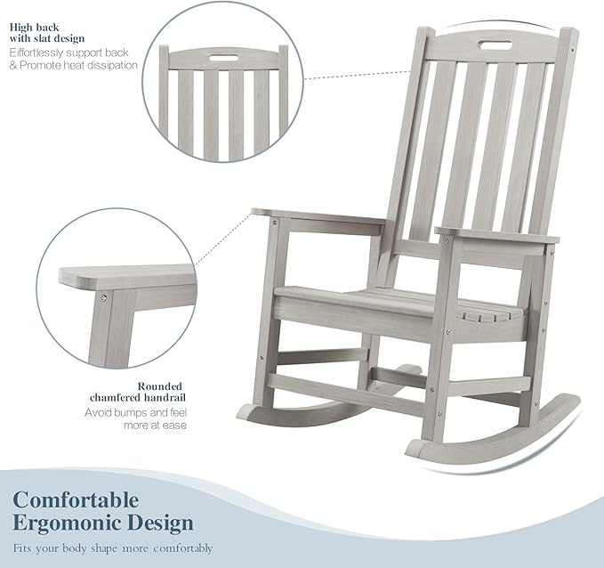 Psilvam Oversized Outdoor Rocking Chair Set of 2, Porch Rocker with 21" Wide Seat and 32" Tall Backrest, Pre-Assembled with Most Components for Effortless Installation (Grey)