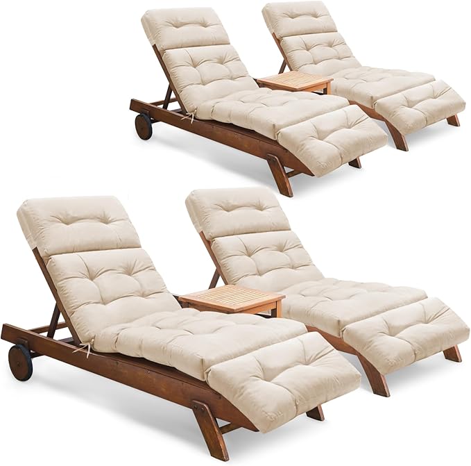Outdoor Chaise Lounge Chair Cushion Set of 4, Thickened 74.4 x 22 x 4.7 Inches Memory Foam Waterproof Lounge Chair Cushions Replacement for Outdoor Furniture with Ties, Beige