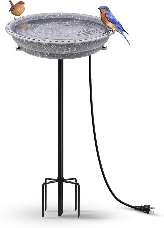 BIRD WISH Heated Bird Bath, Stable 5-Prong Metal Base Thermostat Control Weather Resistance All Seasons Available 75W Heated Bird Baths for Outdoors for Winter Garden Yard Patio Lawn, Spotted Grey