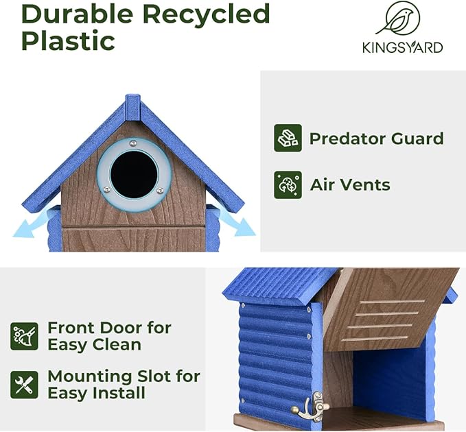 Kingsyard Recycled Plastic Bird House for Outdoors - Weatherproof Nesting Box with Clear View Panel & Predator Guard for Bluebird Wren Swallow Finch, Blue
