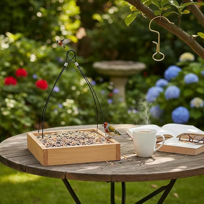 Cedar Wood Platform Tray Bird Feeder 12” - Hanging Bird Feeder for Outside Outdoor - Stainless Steel Cable Mesh Base - Weather Proof Birdfeeder for 10 Years - Longtime Outdoor Lasting Heavy Duty