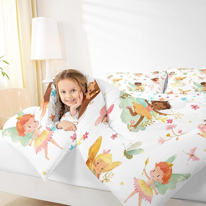 Erosebridal Fairy Twin Comforter Set for Girls - Butterfly & Floral Bedding Sets for Kids, Cute Pink Flower Fairies Garden Bed Set | Girly Princess Room Decor with 1 Pillowcase