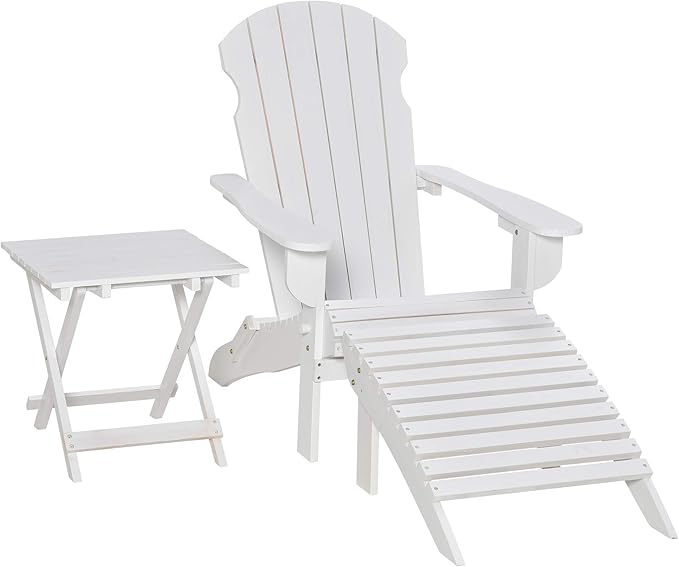 Outsunny 3-Piece Folding Adirondack Chair with Ottoman and Side Table, Outdoor Wooden Fire Pit Chairs w/High-Back, Wide Armrests for Patio, Backyard, Garden, Lawn Furniture, White