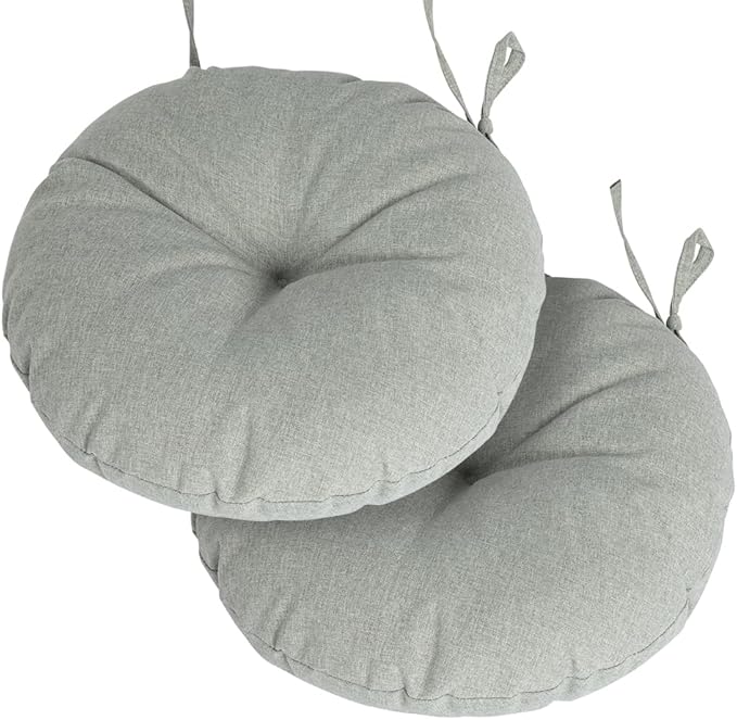 Magpie Fabrics Outdoor 15"x15"x4" Round Bistro Seat Cushions with Ties Set of 2, Tufted Waterproof Patio Floor Chair Pads for Home Garden Balcony Kitchen Office Porch, Grey