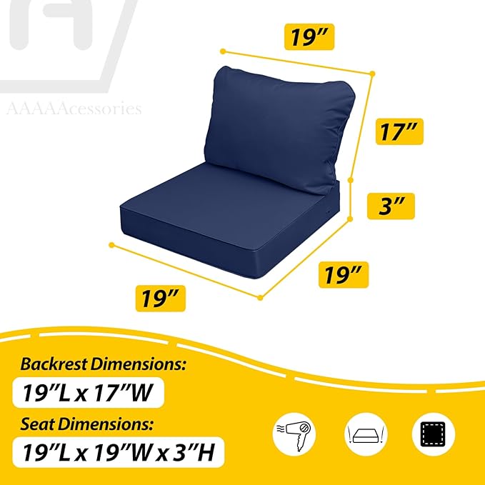 AAAAAcessories Outdoor Seat Cushions for Chairs, Fade-Resistant, Waterproof Patio Furniture Replacement Cushions, 19" x 19" x 3" + 19" x 17", Navy Blue