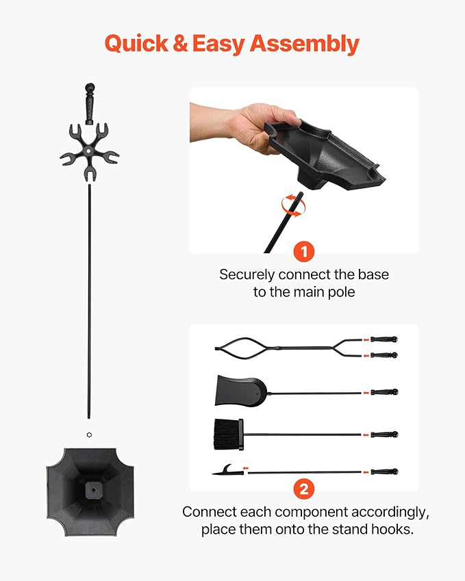 VEVOR Fireplace Tool Set, 5 PCS Fire Tool Set and Holder with Five-Prong Stand, Tongs, Ash Shovel, Brush, Fire Place Poker, Wrought Iron Fireplace Accessories for Campfire Indoor/Outdoor, Black