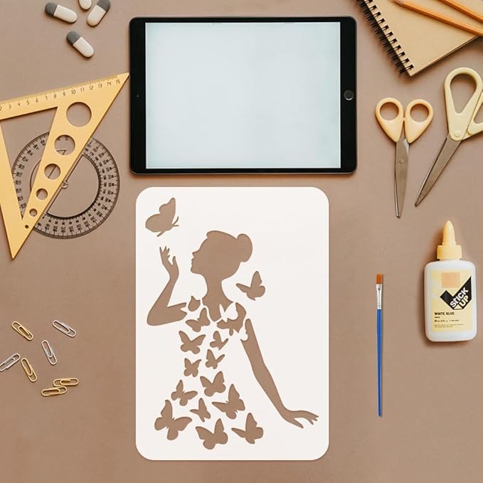 FINGERINSPIRE 4PCS Butterfly Female Painting Stencil with Plastic Brush 8.3x11.7inch Woman Silhouette Drawing Template Butterfly Dress High Heel Stencil Fantasy Theme Template for Painting on Wood