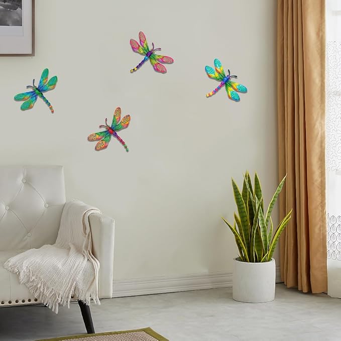 4 PCs Metal Dragonfly Wall Decor Art, Dragonflies Outdoor Wall Art with Colorful Leaves, Hand Painted Outdoor Decor for Garden Yard Fence Patio Outside Decoration