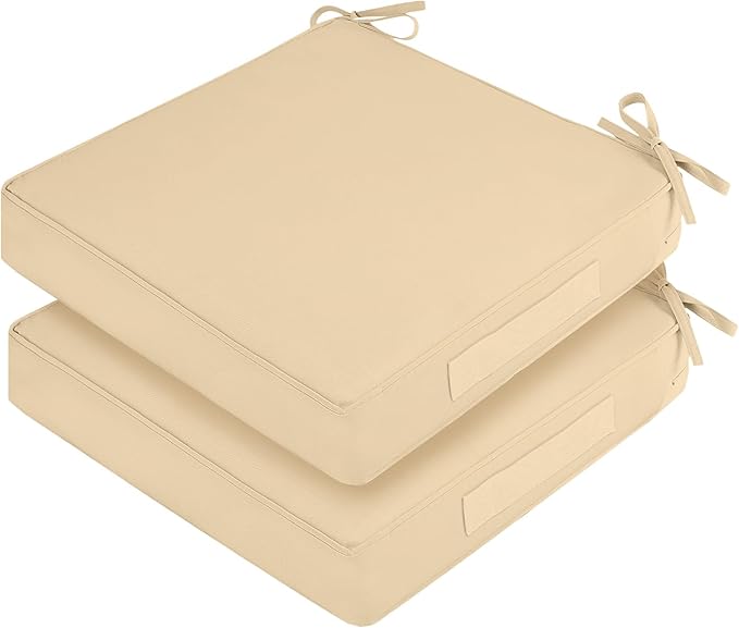 Waterproof Outdoor Chair Cushions Set of 2, Square Outdoor Seat Cushions with Ties and Removable Covers, 22 x 22 Outdoor Cushions for Patio Furniture with Portable Handle(Beige)