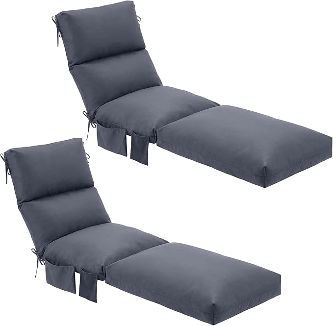 Kigley 2 Pcs Chaise Lounge Cushions, 77.9 x 20.5 x 4.7 Inch Outdoor Lounge Chair Cushions with Pocket, Thick Tufted Patio Recliner Replacement with Ties, Fade Resistant for Pool Furniture (Dark Gray)