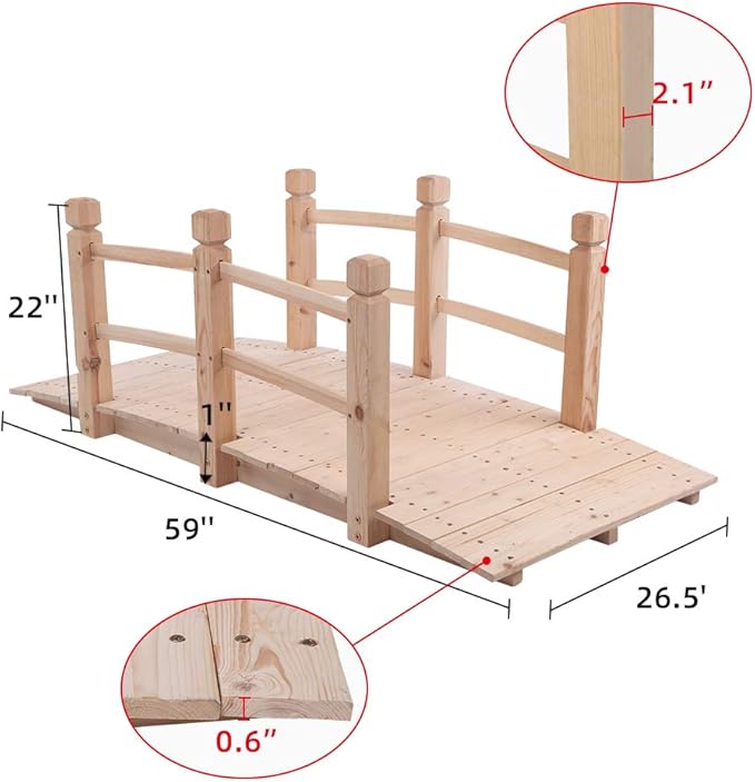 59in Garden Wood Bridges,Courtyard Outdoor Landscape Bridge,Wooden Arch Bridge,Decorative Garden Arch Footbridge,with Handrail,for Outside, Backyard, Pond, Lawn, Walkway, Yard, Path (Natural)