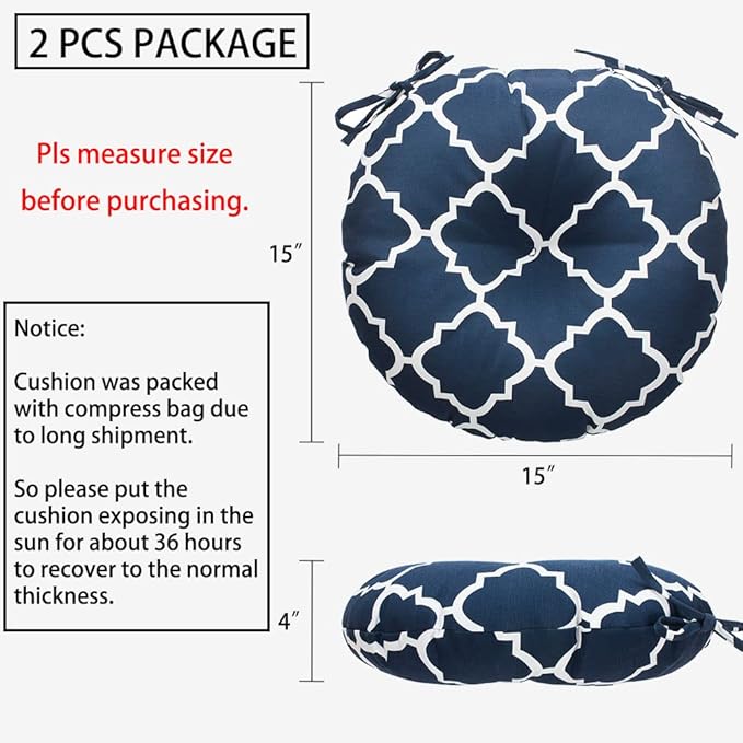 Magpie Fabrics Outdoor Round Bistro Seat Cushions with Ties, 15"x15"x4" Set of 2, Tufted Waterproof Barstool Chair Pads for Patio Home Garden Office, Geomentry Navy