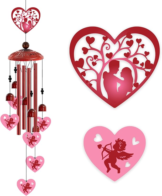 Love Heart Wind Chimes Outdoor,Romantic Metal Wind Chime for Couples – Valentine’s Day Anniversary Wedding Gift for Wife & Husband, Cupid & Couple Garden Porch Decor (Red)