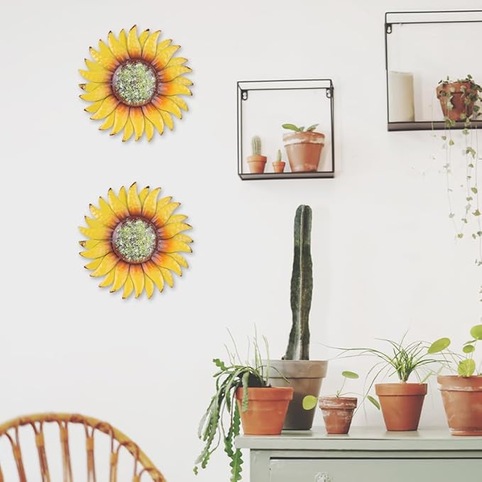 hogardeck Metal Sunflower Wall Decor - 2 Pcs 6'' Metal Flower Wall Art Outdoor Backyard Decorations Sunflower Kitchen Bathroom Decor Hanging for Indoor, Outdoor, Living Room, Bedroom