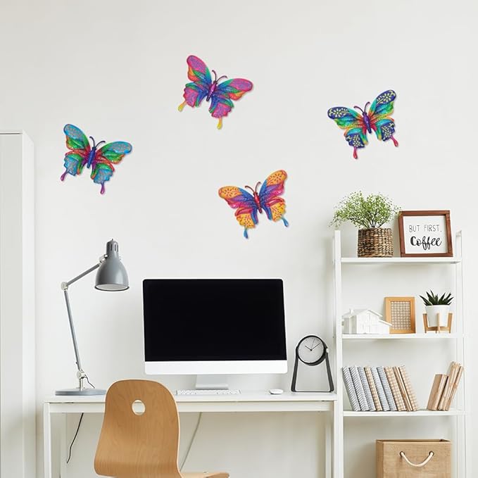 4 Pcs Butterfly Wall Decor Art, Metal Butterflies Outdoor Wall Art with Colorful Leaves, Hand Painted Outdoor Decor for Garden, Yard, Fence, Patio Decoration