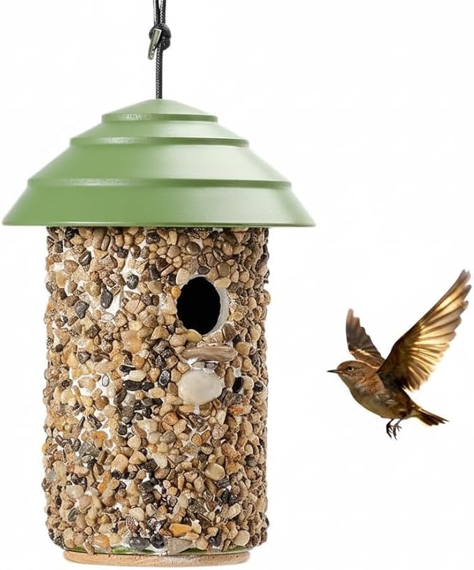Outdoor Wren Bird House with River Pebble Composite Roof – Decorative Wooden Nesting Box for Wrens, Finches & Small Songbirds – Weather-Resistant Hanging Backyard Habitat, 10 Years (Green)