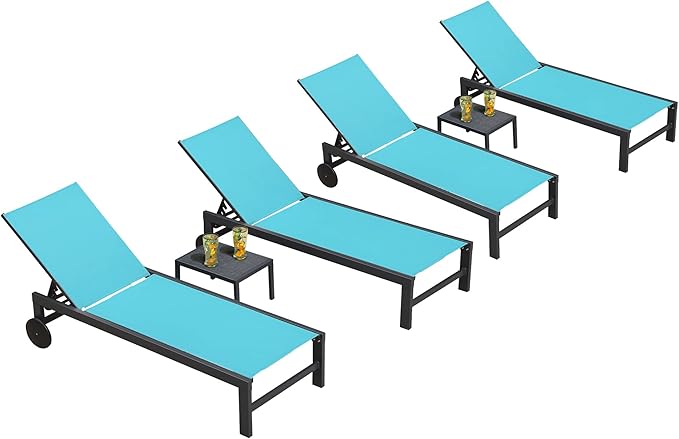 PURPLE LEAF Outdoor Chaise Lounge with Wheels for Outside 4 Pieces Aluminum Patio Lounge Chair with 5 Adjustable Position Recliner for Patio Beach Yard Pool Side Table Included Turquoise Blue