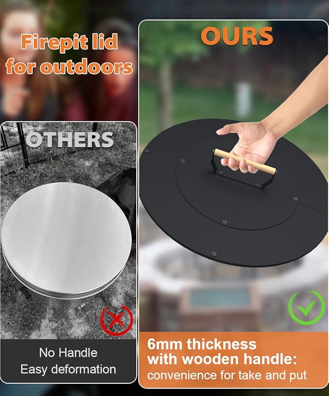 20" Wooden-Handle Fire Pit Lid for Pits up to 18", Round Metal Bonfire Pit Burner Pan Cover, Smokeless Fire Pit Cover for Fire Tables, All-Weather Resistance Outdoor Firepit Accessory