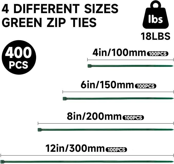 KINGLAKE GARDEN Green Zip Ties 400 PCS 12+8+6+4 Inch Heavy Duty Nylon Cable Ties 18 Lbs Zip ties Assorted Sizes 3mm Twist Ties Plastic Wire Ties for Indoor and Outdoor