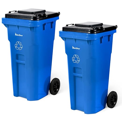 32 Gallon Trash Can Outdoor Recycling Bin with Lid and Wheels Heavy Duty Rolling Garbage Can with Lid Blue Recycle Bin with Wheels for Warehouses Hospitals Restaurants, Pack of 2