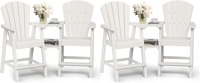 Ciokea Tall Adirondack Chairs Set of 4, HDPE Outdoor Adirondack Bar Stools with Double Connecting Tray, Weather Resistant High Back Adirondack Balcony Chairs for Deck, Lawn, Pool, Backyard, White