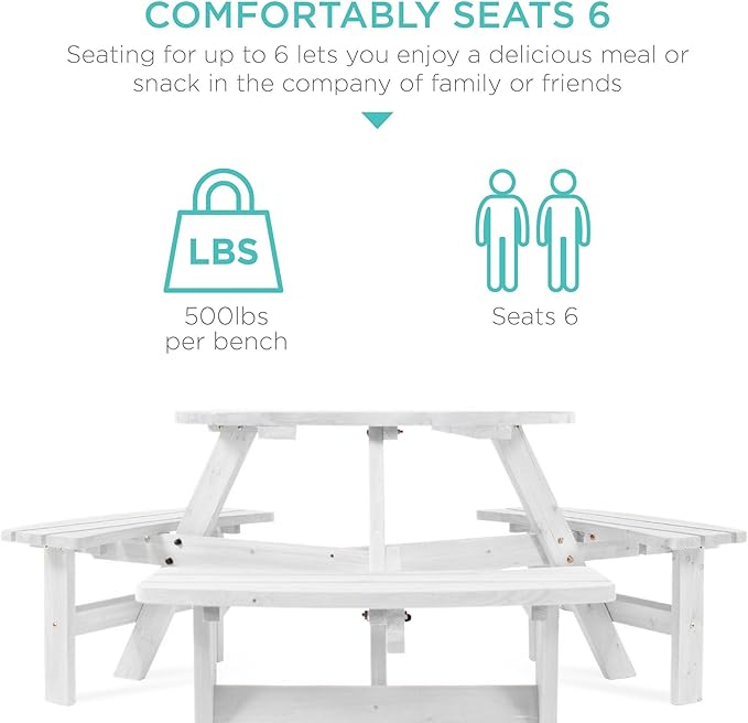 Best Choice Products 6-Person Circular Outdoor Wooden Picnic Table for Patio, Backyard, Garden, DIY w/ 3 Built-in Benches, 500lb Capacity - White
