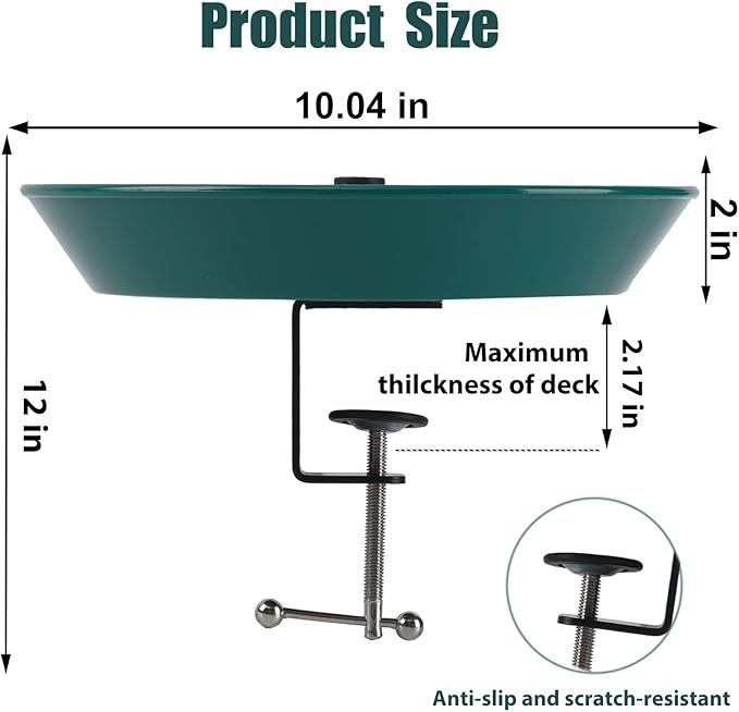 Deck Bird Bath for Outdoors,12" Bird Baths with Adjustable Sturdy Metal Clamp for Deck Railing Balcony Yard Garden Decoration,Lightweight, Detachable
