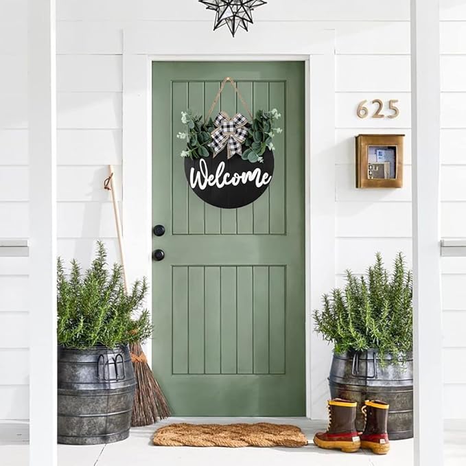 3D Front Door Welcome Wreath - Farmhouse Welcome Sign for Front Door - Vertical Concave Stripes Wooden Front Door Wreaths for Home Decor(Black) - Housewarming Gift