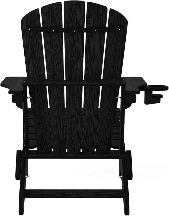 Plawdlik Folding Adirondack Chair Set of 6, Cup Holder，Wooden Textured ，Heavy All-Weather HDPE Comfortable Set Poolside Backyard Lawn, Black