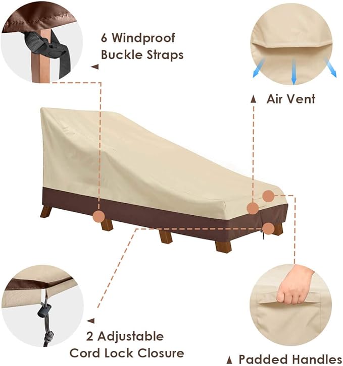 Vailge Waterproof Patio Chaise Lounge Cover, 600D Heavy Duty Outdoor Lounge Chair Covers,UV Resistant Patio Furniture Covers,2 Pack-Large ,Beige & Brown