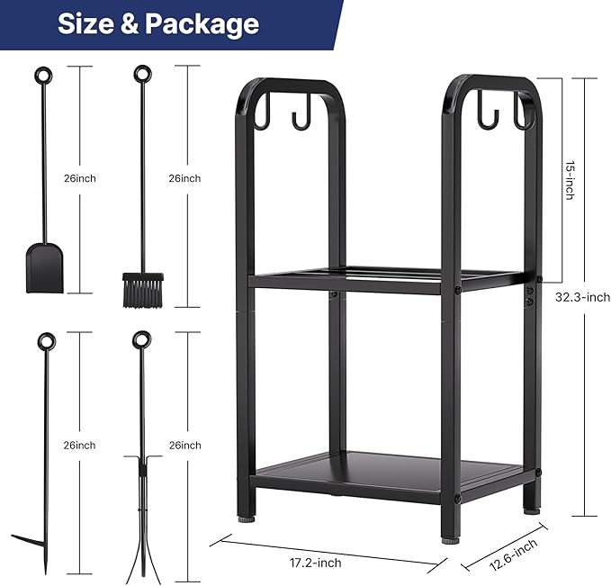HONEST OUTFITTERS Firewood Rack Indoor, 2-Tier Firewood Rack Outdoor with 4 Pieces Fireplace Tools Set, Heavy Duty Log Wood Holder for Fireplace, Fire Pit, Wood Stove Black