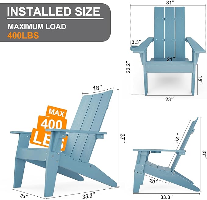 MXIMU Modern Adirondack Chairs Set of 2 Weather Resistant with Cup Holder Oversize Plastic Fire Pit Chairs Adorondic Plastic Outdoor Chairs for Firepit Area Seating (Blue)