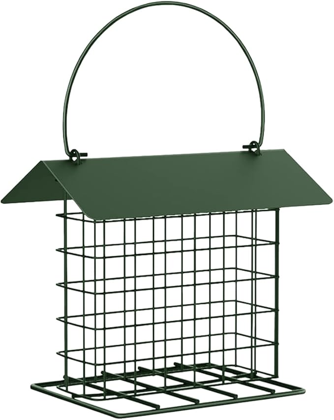 Suet Cake Bird Feeder Outdoor Hanging Metal Wire Wild Bird Feeder Fat Ball Food Feeder with Metal Roof and Platform Outside Cake Suet Feeder Rainproof(Green)