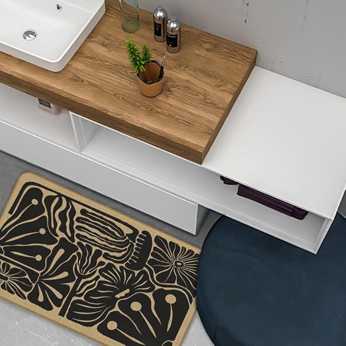 Boho Beige and Black Floral Door Mat - Bohemian Neutral Floral Front Door Welcome Mats Outdoor Entrance, 17x30 Rug
