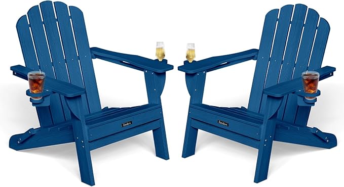 Adirondack Chairs Set of 2, HDPE Material Fire Pit Chairs, Plastic Adirondack Chairs with 2 Cup Holder, Outdoor Lawn Chair for Patio Garden, Navy Blue