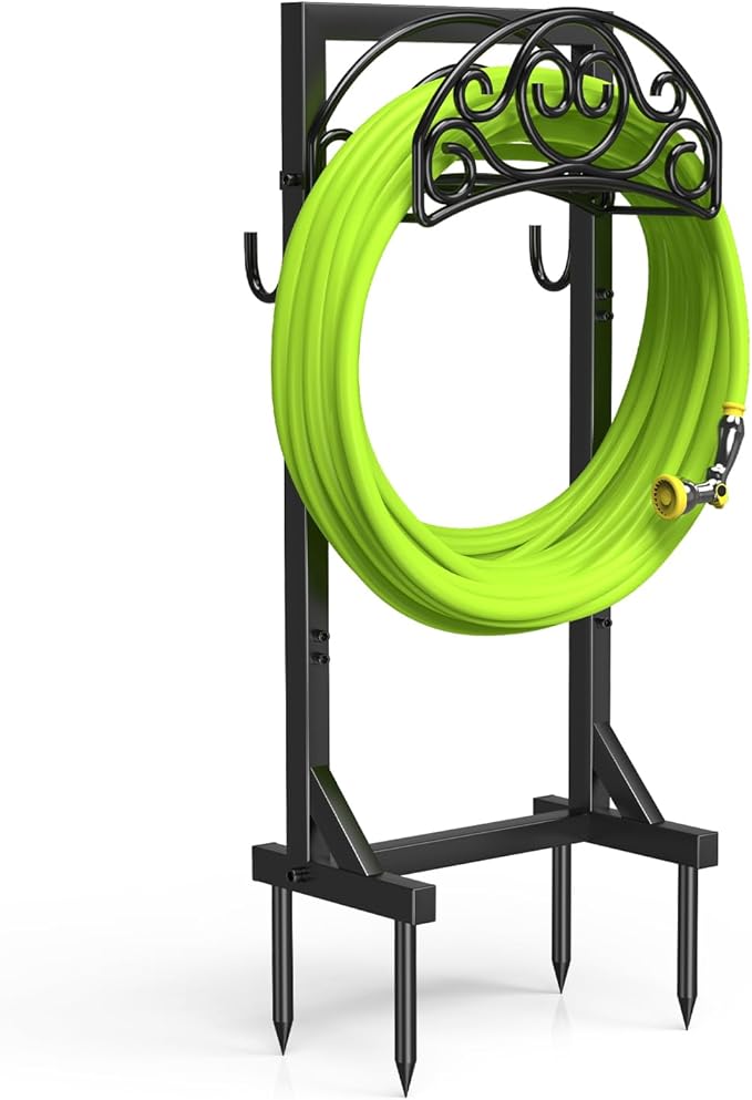 Freestanding Garden Hose Stand, Heavy Duty Water Hose Holder with Tool Hooks, 4 Anchoring Spikes, 150 ft Storage for Yard & Lawn