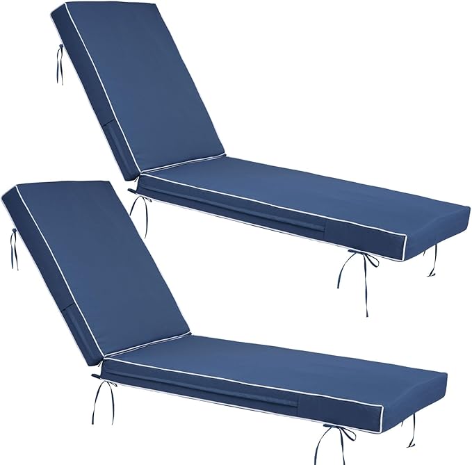 Chaise Lounge Cushions Outdoor Set of 2, Waterproof & Fade Resistant Patio Lounger Cushions, Replacement Sun Lounger Pads with Removable Cover for Pool, Deck, Lawn Furniture